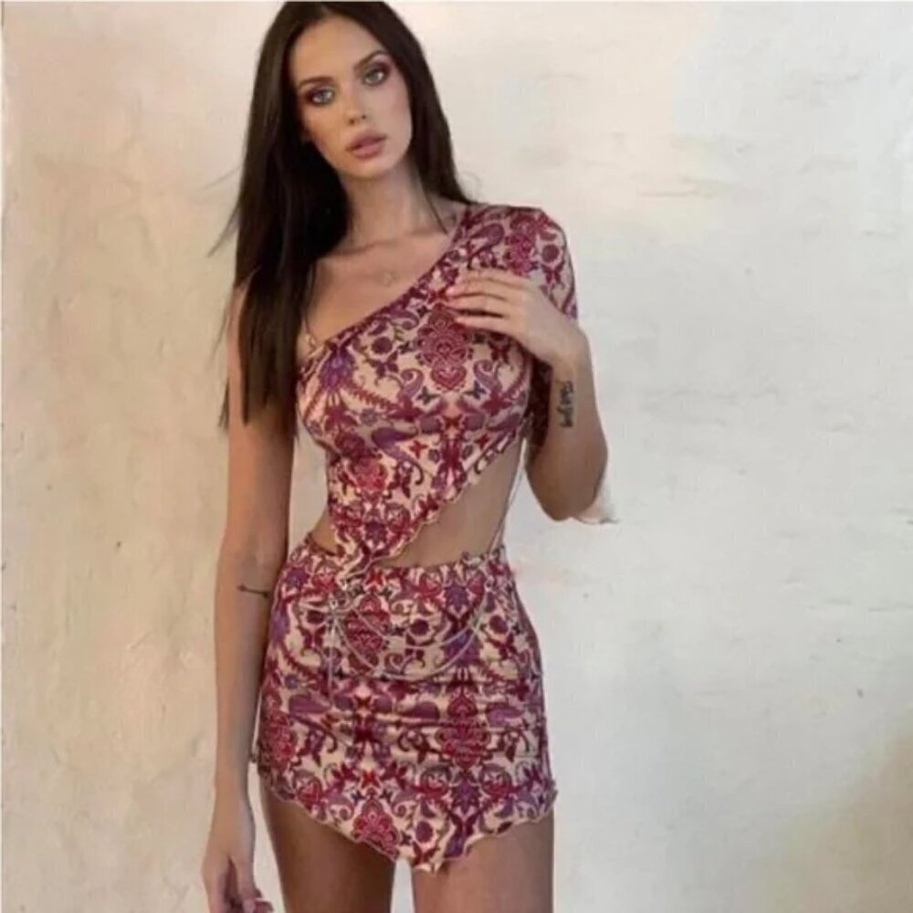 I.AM.GIA. Riley Y2K Paisley ButterflyTwo-Piece Set Bodychain One Sleeve Dress M